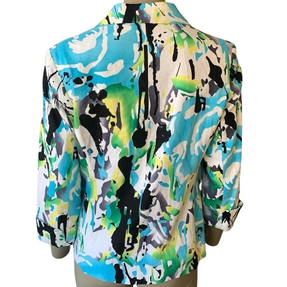 Cato Linen Blend 3/4 Sleeve Buttoned Blazer Fitted Jacket Size 14P Watercolor - Picture 2 of 16